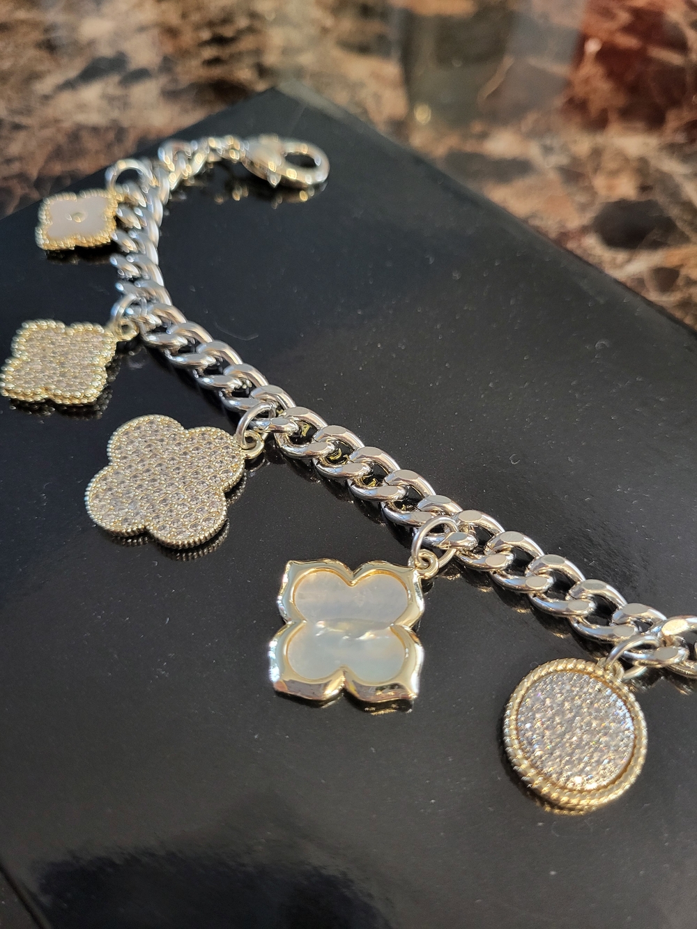 Gold & Silver Four-Leaf Charm Bracelet with Mother-of-Pearl Accents
